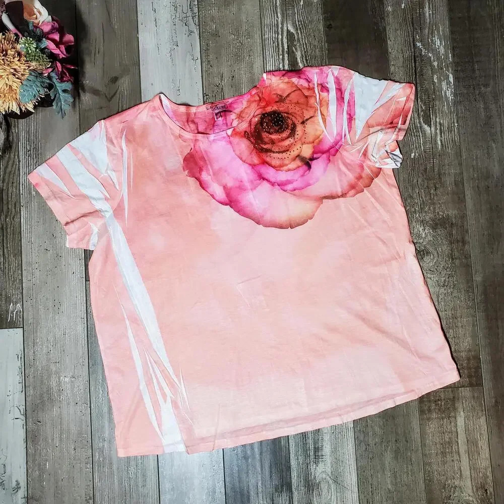 L.A. Blues Stretchy Floral Rhinestone Embellished Short Sleeve Top Size 22/24